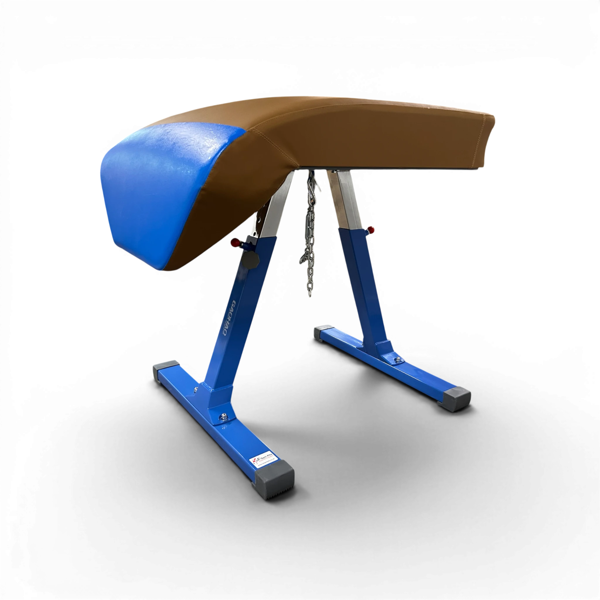 UK Gym Pits Gaofei training vaulting table with brown leatherette body, blue front section, and steel frame.