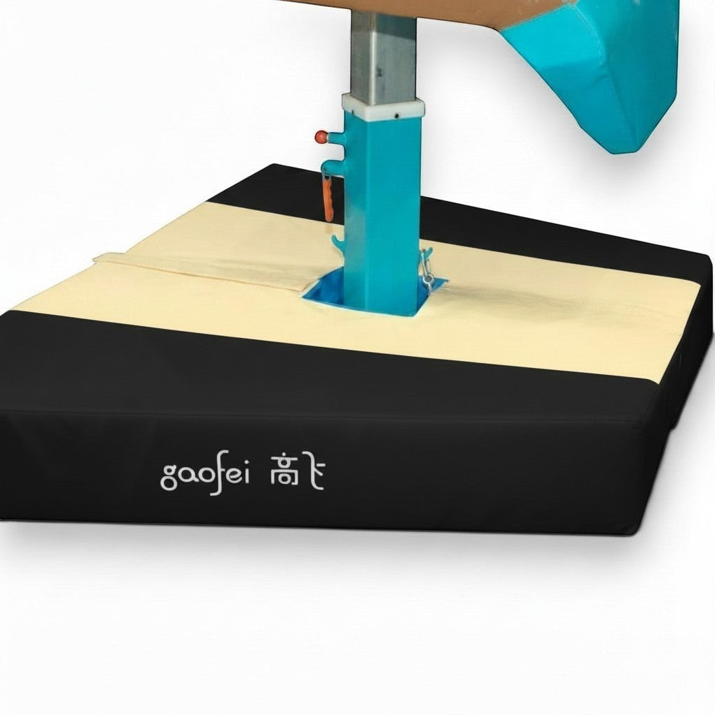 UK Gym Pits Gaofei vault table base safety mat in black and cream with high-density foam and durable PVC exterior.