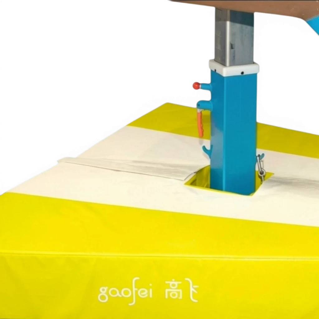 UK Gym Pits Gaofei vault table base safety mat in yellow and white PVC vinyl with Velcro attachment for gymnastics
