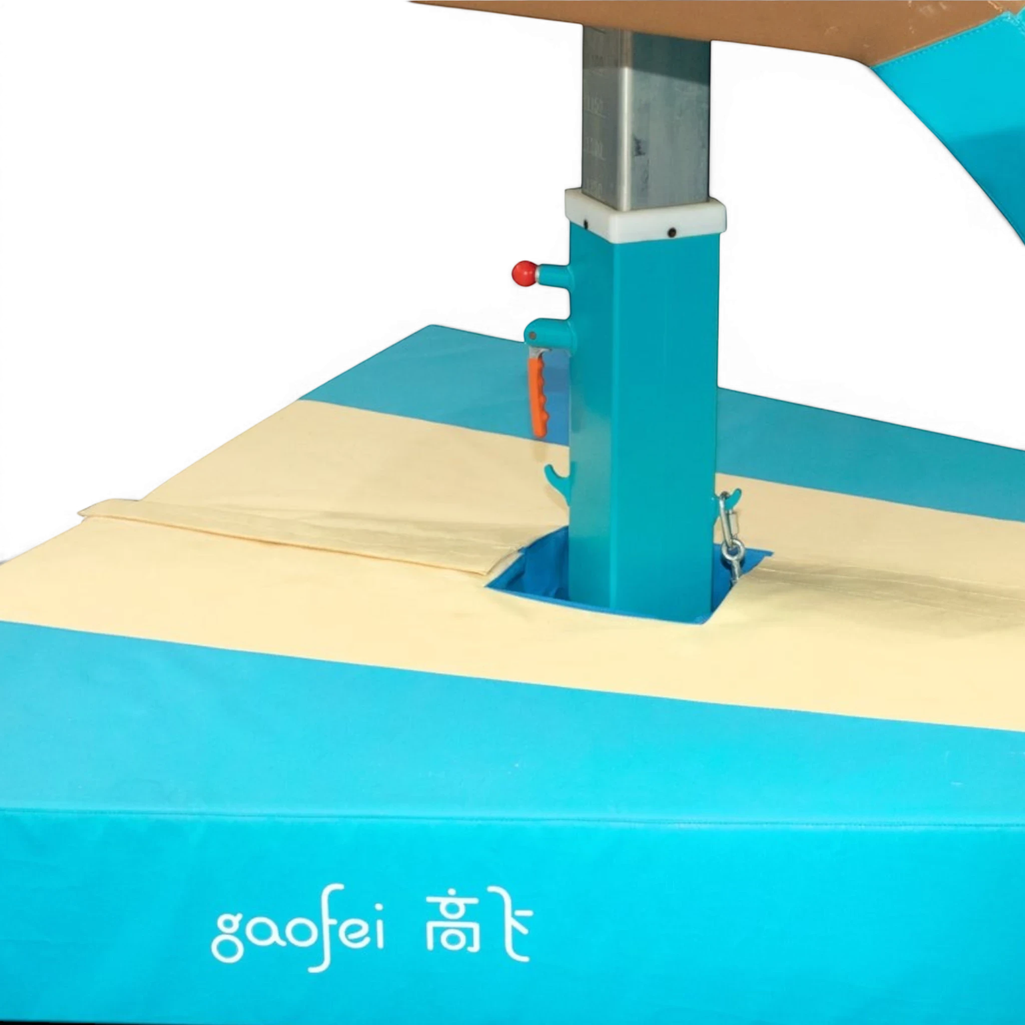 UK Gym Pits Gaofei vault table base safety mat in blue and cream PVC vinyl with Velcro closure for gymnastics