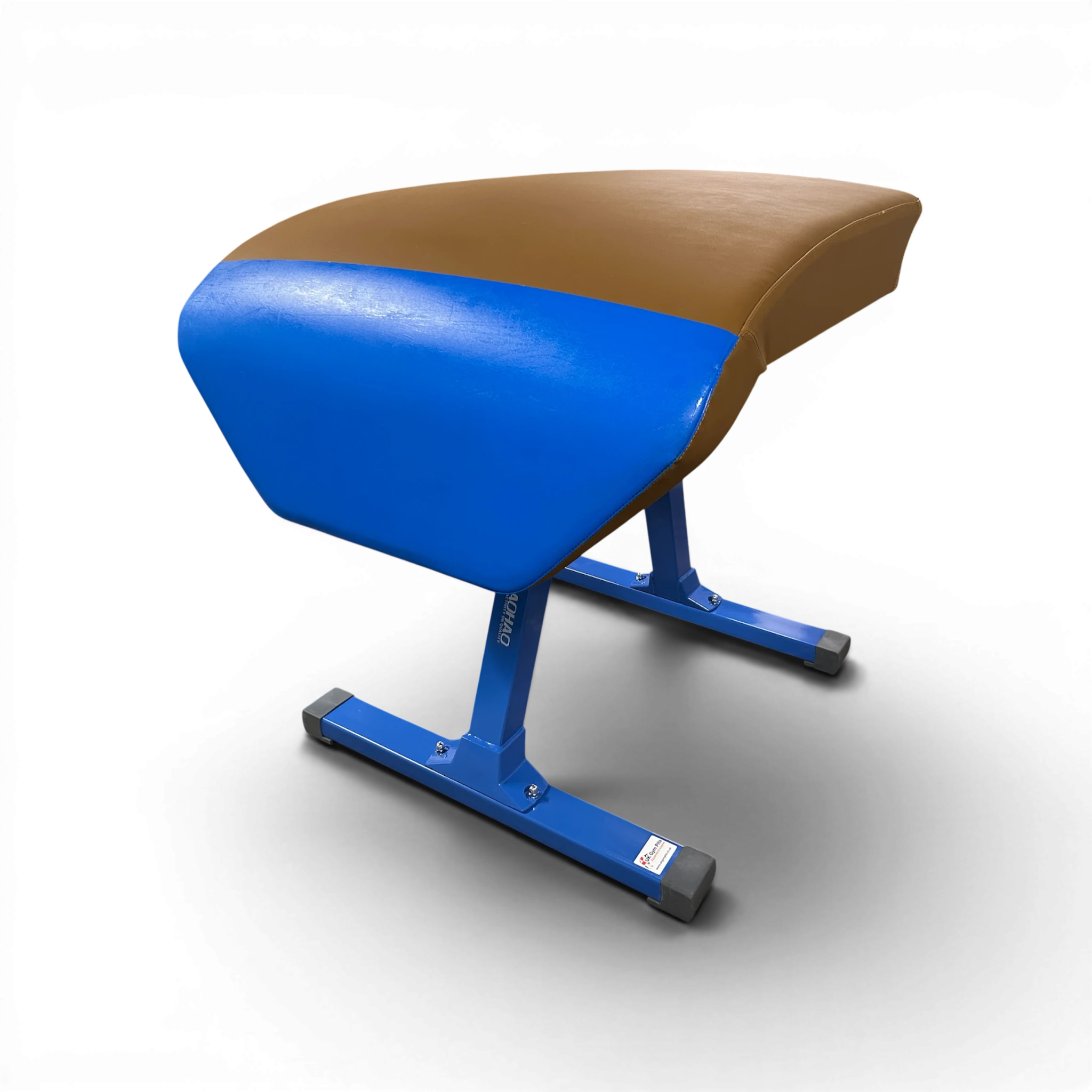 UK Gym Pits Gaofei training vaulting table with blue and brown leatherette body and blue steel frame on black background