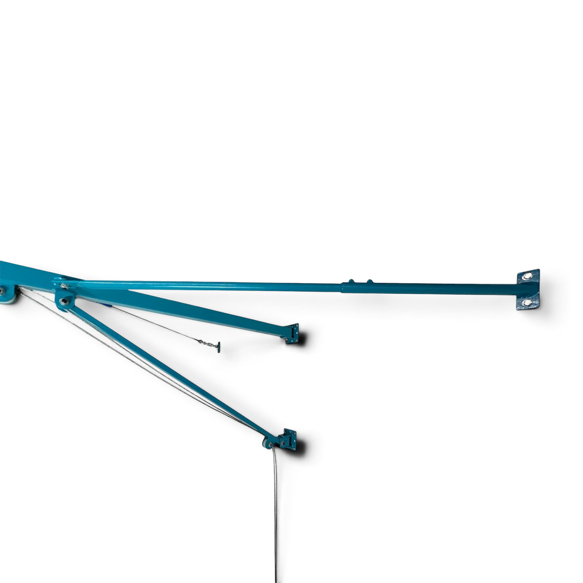 UK Gym Pits Gaofei wall-mounted blue powder-coated steel frame for gymnastics training rings with cabling system.