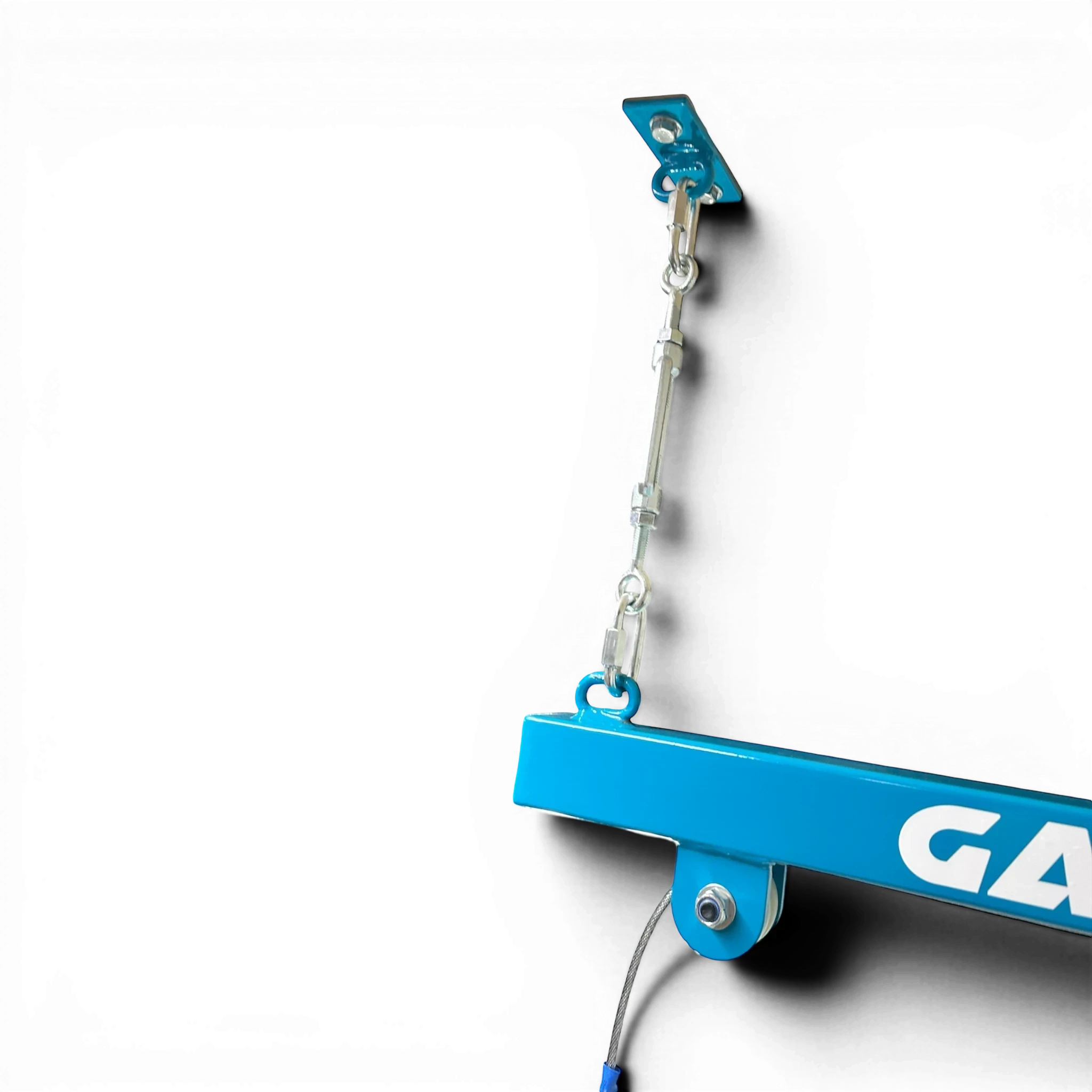 UK Gym Pits Gaofei wall-mountable training ring system with blue powder-coated steel frame and cabling attachment.