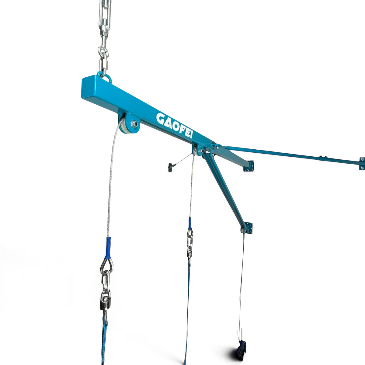 UK Gym Pits Gaofei wall-mountable training rings with blue powder-coated steel frame and adjustable cabling system.
