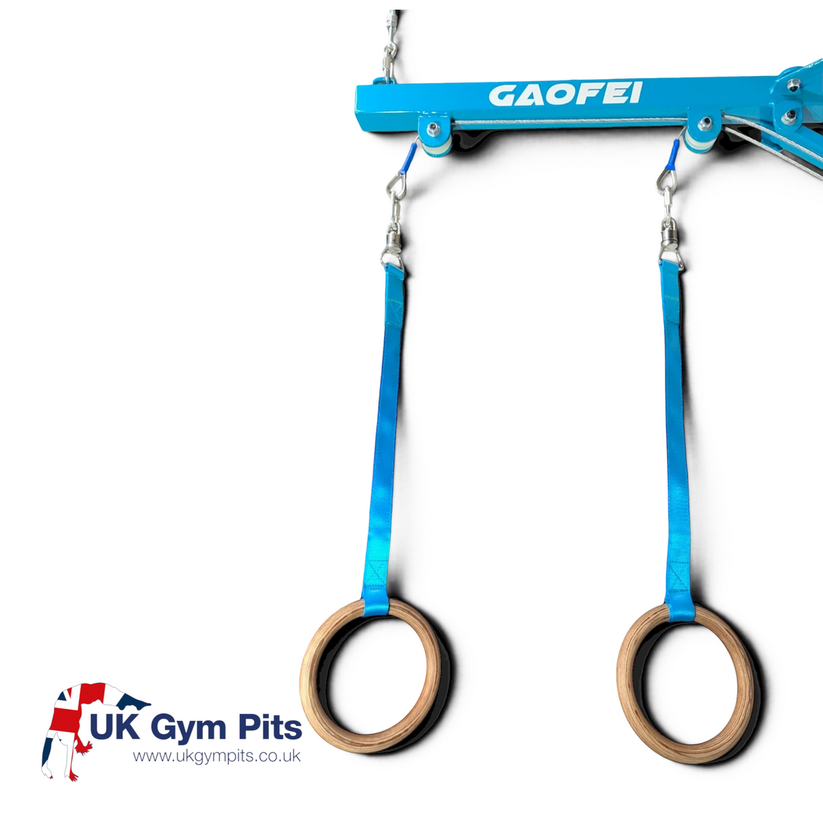 UK Gym Pits Gaofei wall-mounted gymnastics training rings with blue powder-coated steel frame and wooden rings