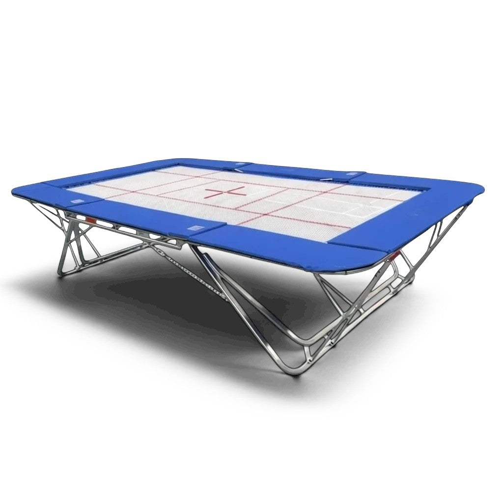 UK Gym Pits GM Extreme competition trampoline with blue frame pads and a 4mm by 6mm web bed with FIG markings