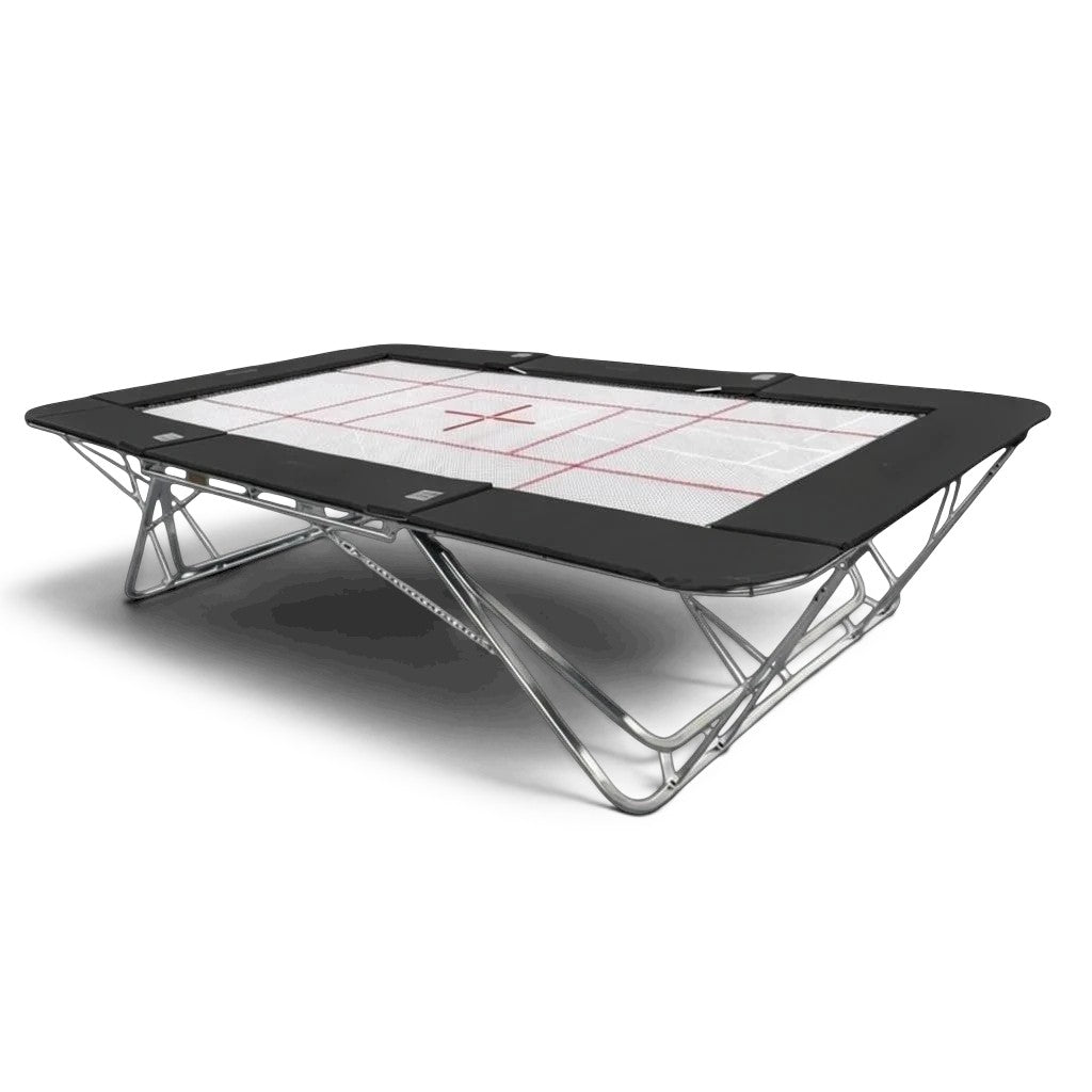 UK Gym Pits GM Extreme competition trampoline with 4mm by 6mm web bed, black frame pads, and steel spring frame.