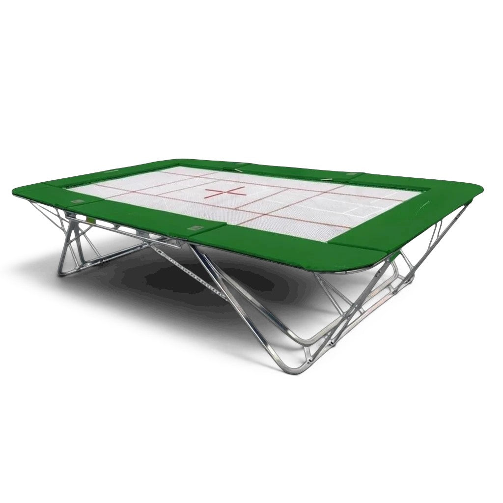 UK Gym Pits GM Extreme competition trampoline with a white 4mm by 6mm web bed and green protective frame pads.