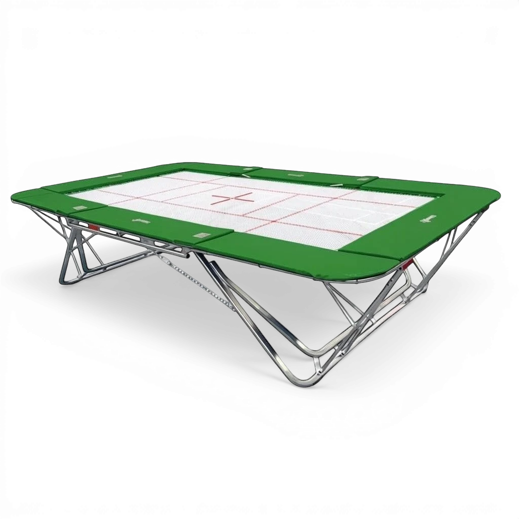 UK Gym Pits GM Extreme competition trampoline with a 13mm web bed, green frame pads, and steel frame.