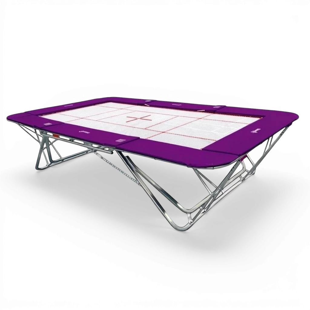 UK Gym Pits GM Extreme competition trampoline with a 13mm web bed and purple frame pads on a black background.