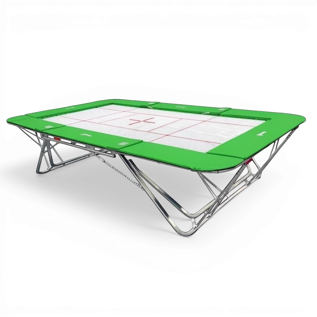UK Gym Pits GM Extreme competition trampoline with a 13mm white web bed and green protective frame pads