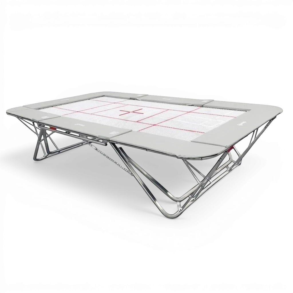 UK Gym Pits GM Extreme competition trampoline with a 13mm web bed and grey frame pads on a black background