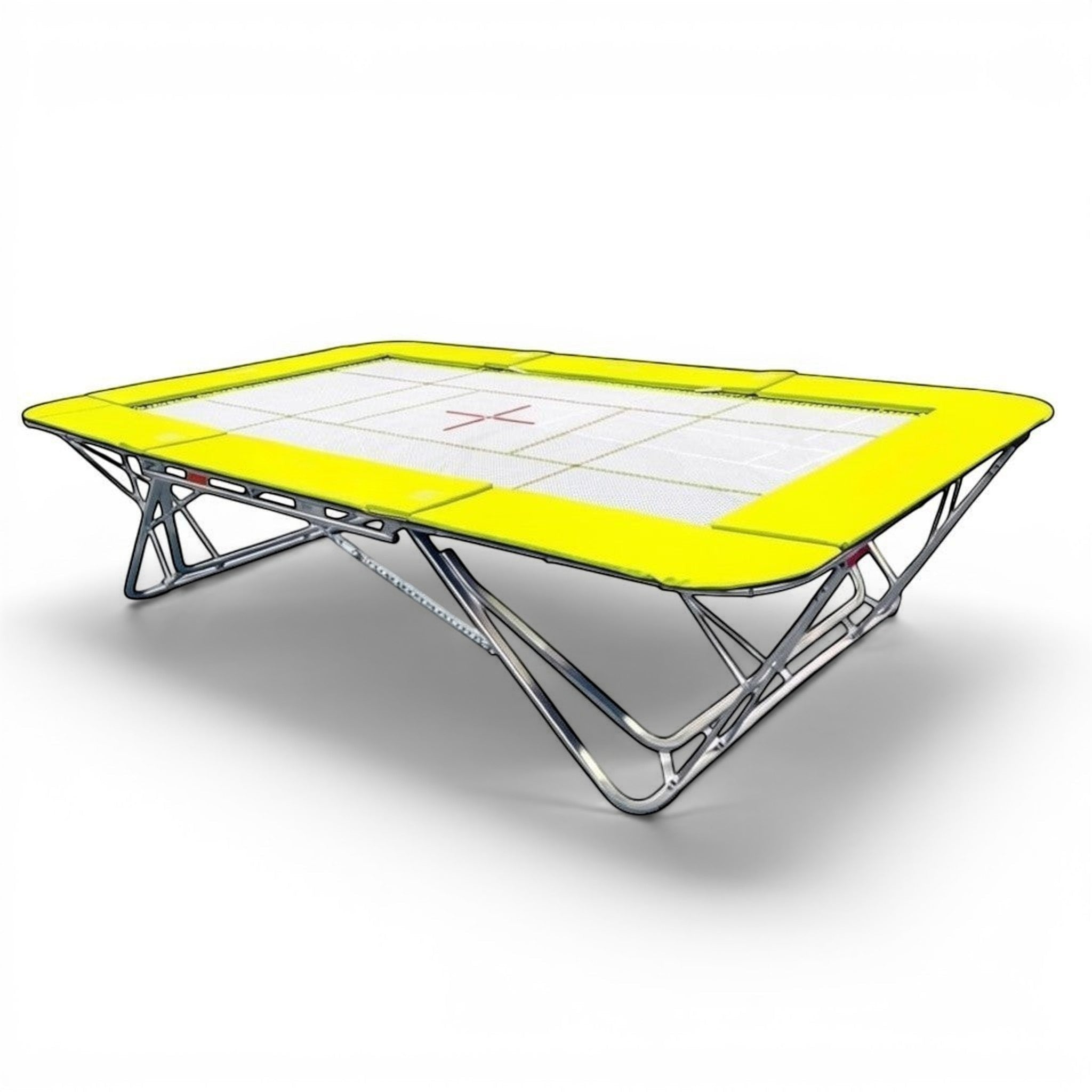 UK Gym Pits GM Extreme competition trampoline with a 6mm web bed and bright yellow frame pads on a white background.