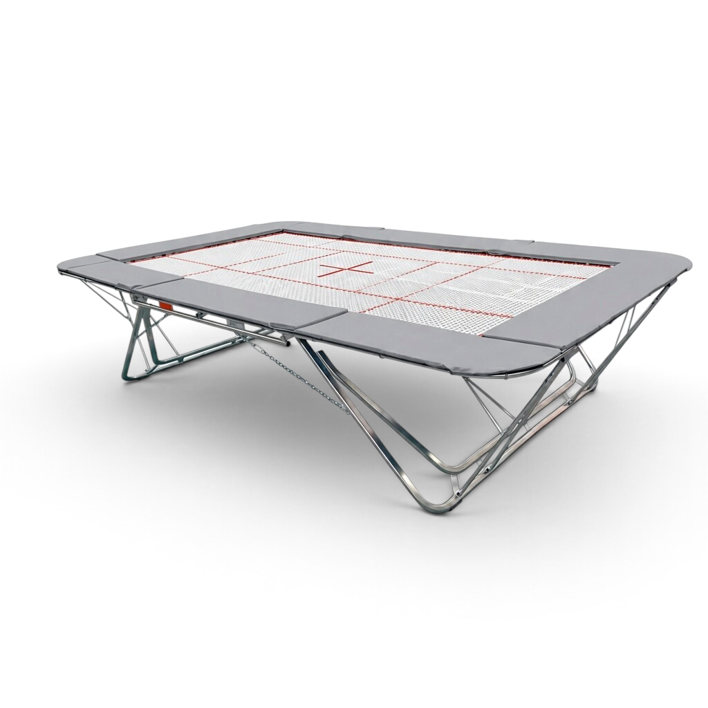 UK Gym Pits GM Extreme competition trampoline with a 13mm web bed, grey frame pads, and steel spring frame.