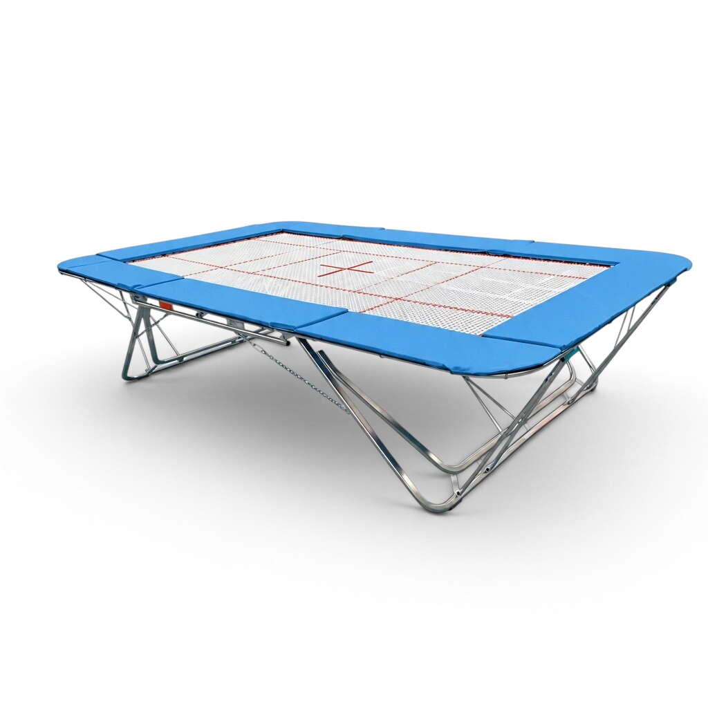 UK Gym Pits GM Extreme competition trampoline with a 13mm white web bed, blue frame pads, and steel spring frame.