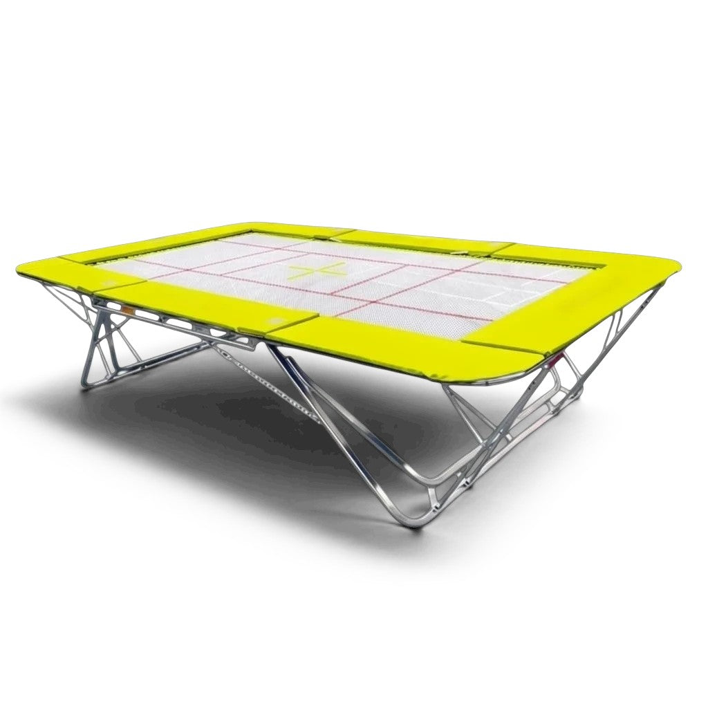 UK Gym Pits GM Extreme competition trampoline with a 4mm by 6mm web bed and bright yellow safety frame pads.