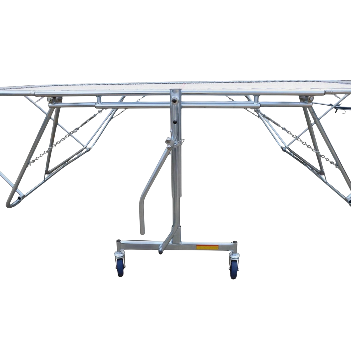 UK Gym Pits GM Extreme competition trampoline with 4mm by 6mm web bed and lift/lower roller stand mechanism