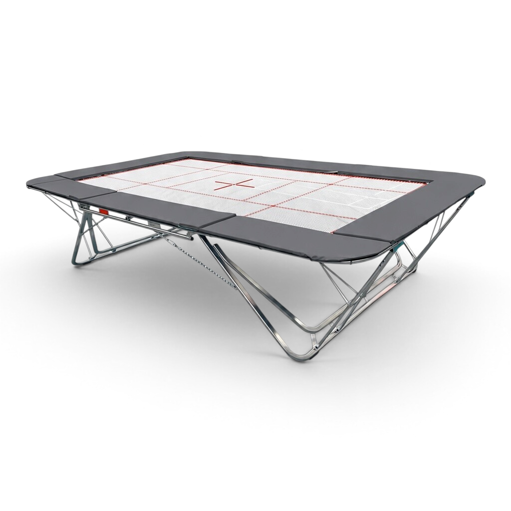 UK Gym Pits GM Extreme competition trampoline with a 4mm by 6mm web bed and grey protective frame pads.