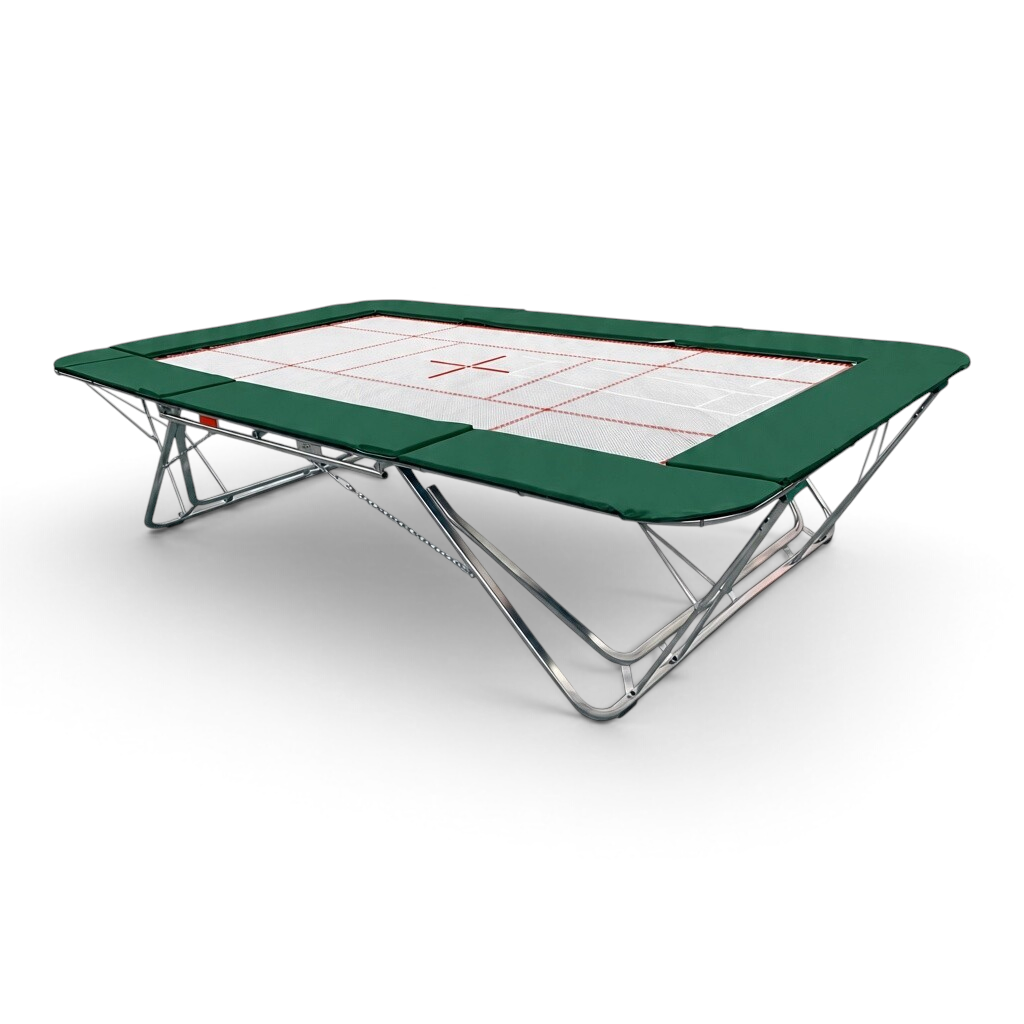 UK Gym Pits GM Extreme competition trampoline with a white 4mm by 6mm web bed and green protective frame pads.