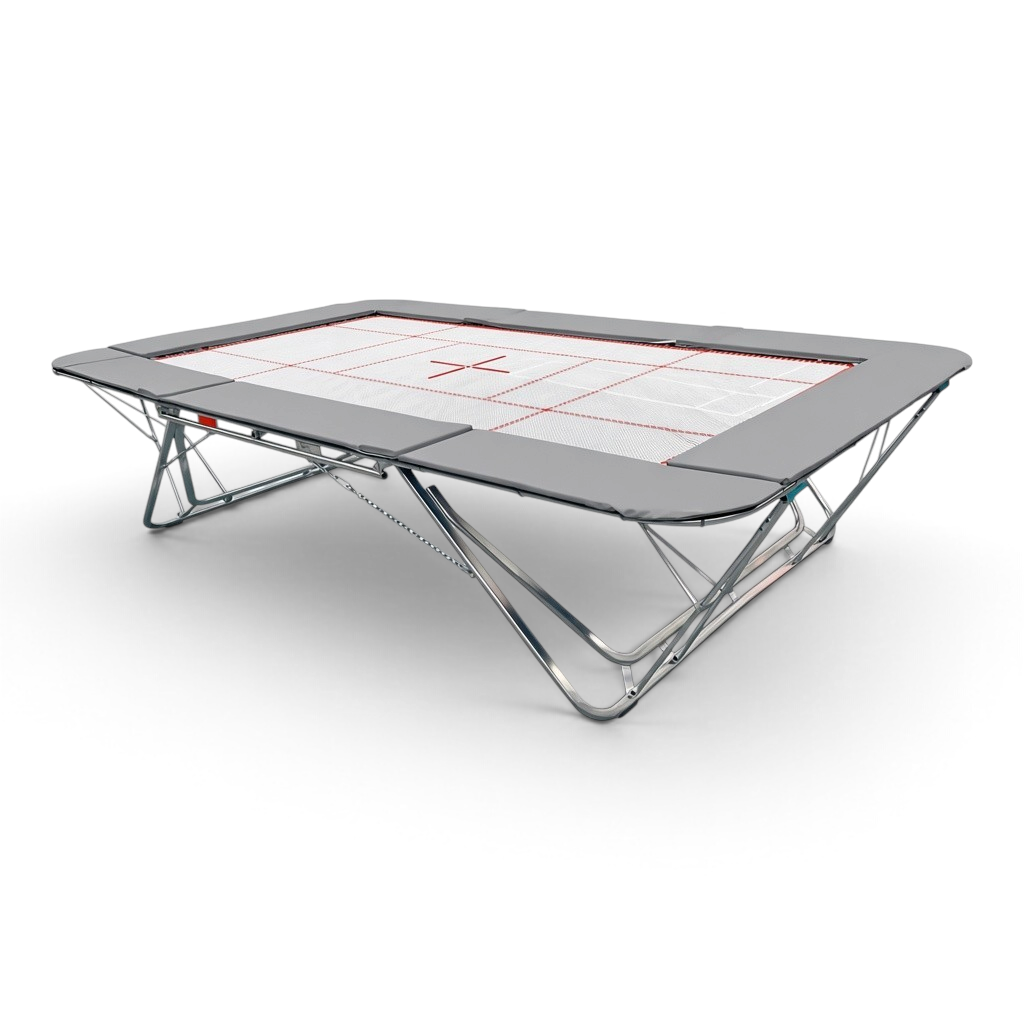 UK Gym Pits GM Extreme competition trampoline with a 4mm by 6mm web bed and grey protective frame pads