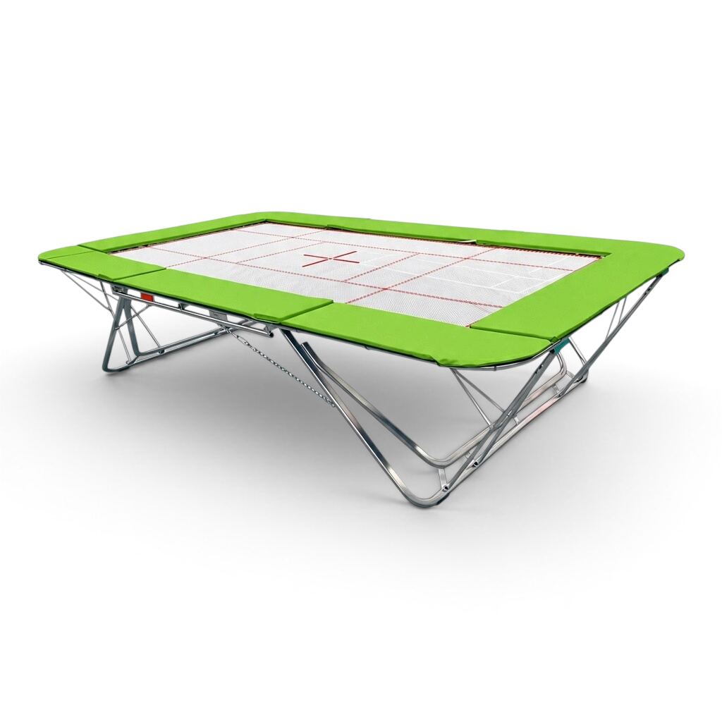 UK Gym Pits GM Extreme competition trampoline with a 4mm by 6mm web bed and bright green protective frame pads.