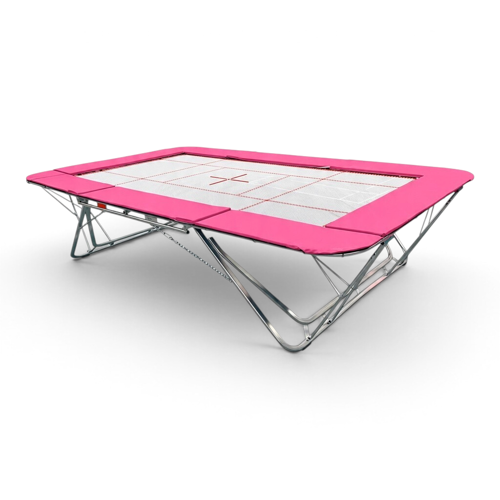 UK Gym Pits GM Extreme competition trampoline with a pink frame pad and 4mm by 6mm web bed on a white background