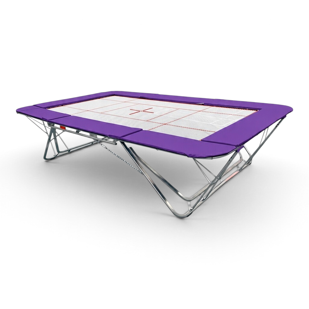 UK Gym Pits GM Extreme competition trampoline with purple frame pads and a 4mm by 6mm web bed with FIG markings
