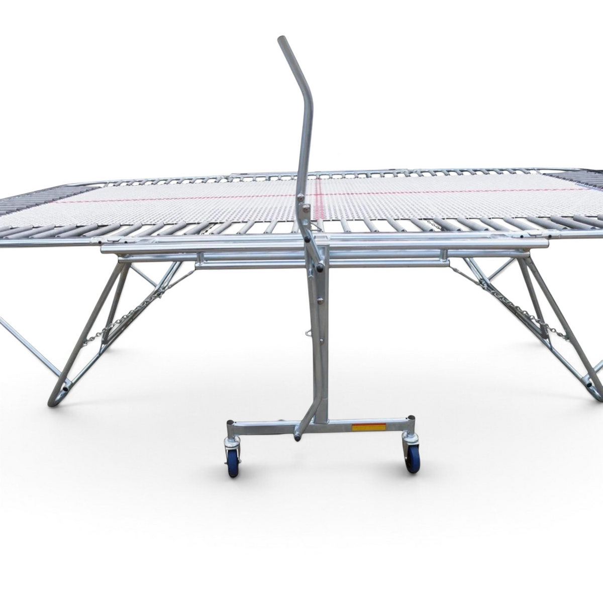 UK Gym Pits GM Extreme competition trampoline with 6mm web bed, steel frame, and roller stand for easy movement.