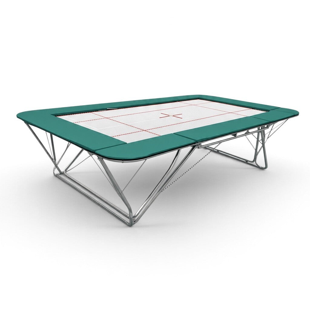 UK Gym Pits GM Extreme competition trampoline with 6mm web bed and green frame pads on a white background