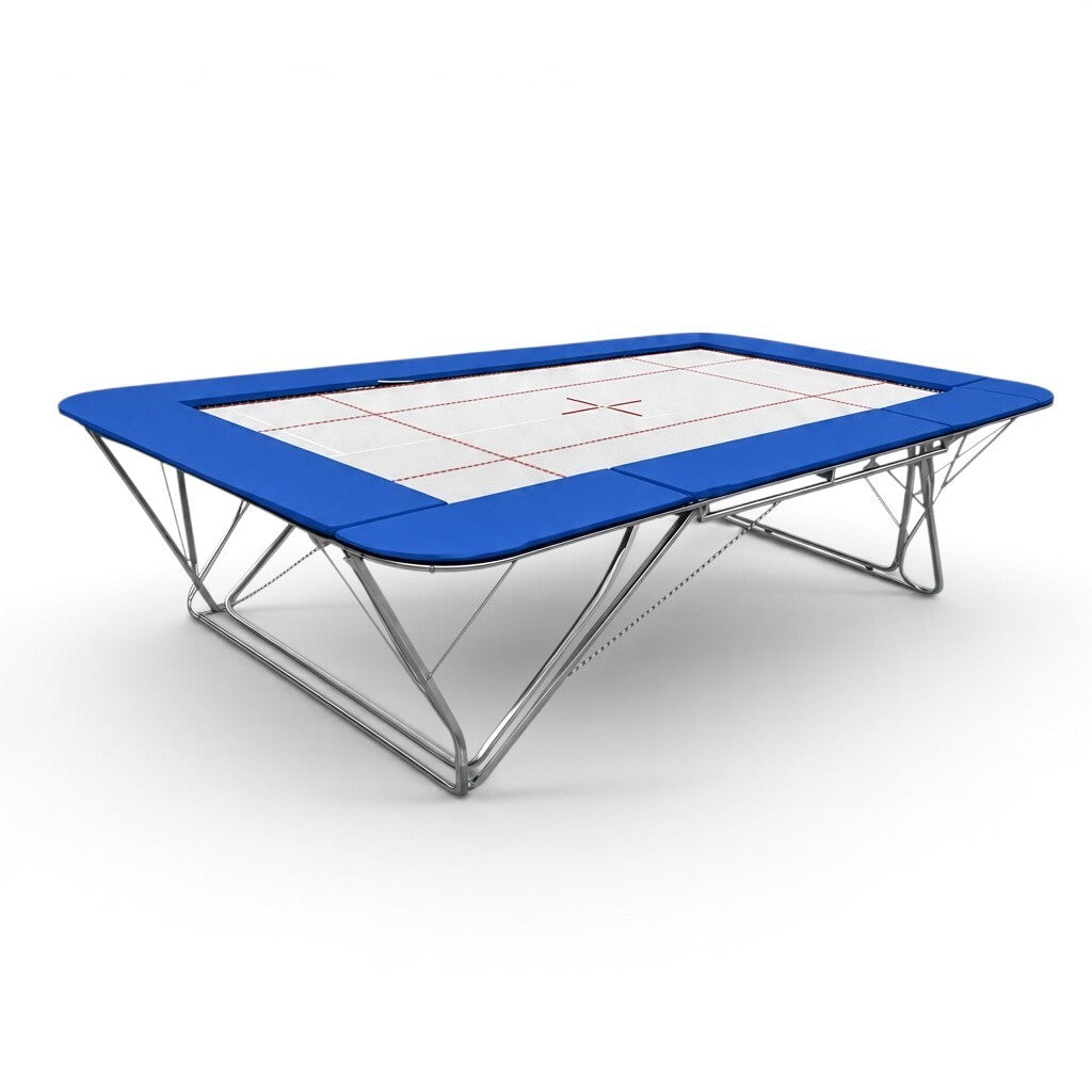 UK Gym Pits GM Extreme competition trampoline with a 6mm web bed, blue frame pads, and steel spring frame.