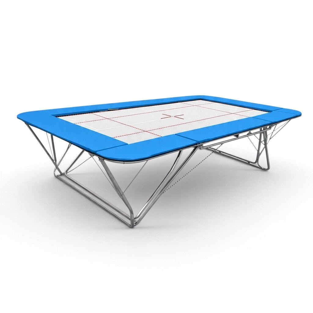UK Gym Pits GM Extreme competition trampoline with blue frame pads and a 6mm web bed with FIG markings.