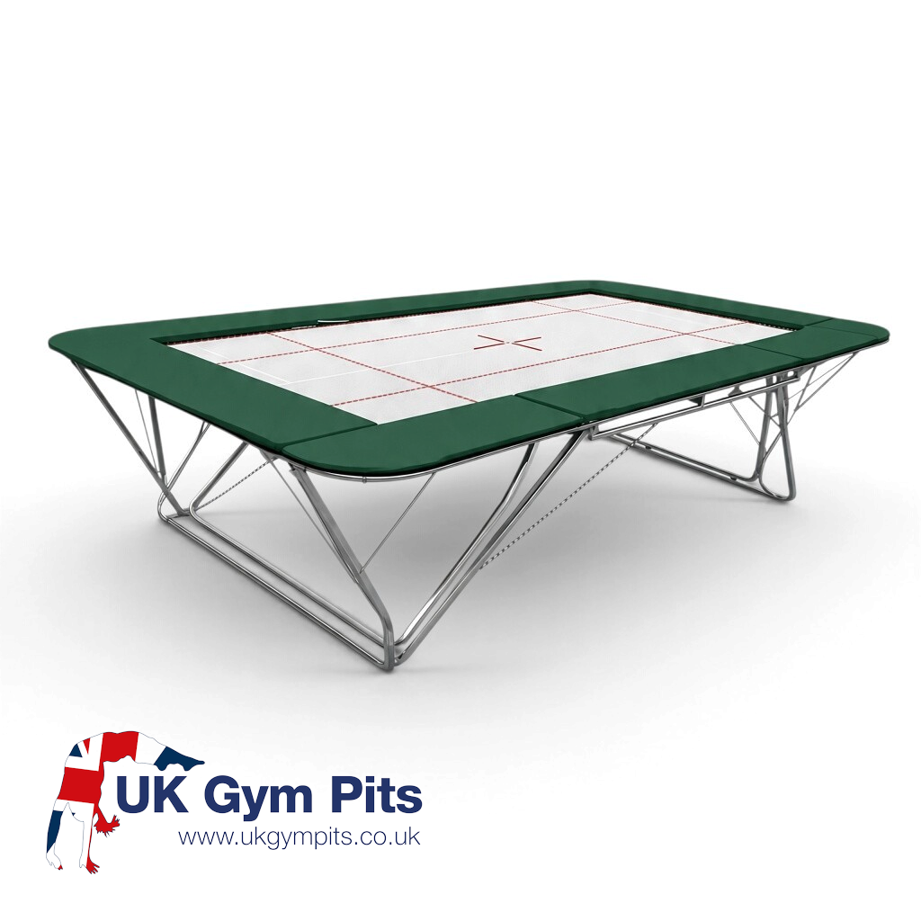 UK Gym Pits GM Extreme competition trampoline with a white 6mm web bed and green protective frame pads