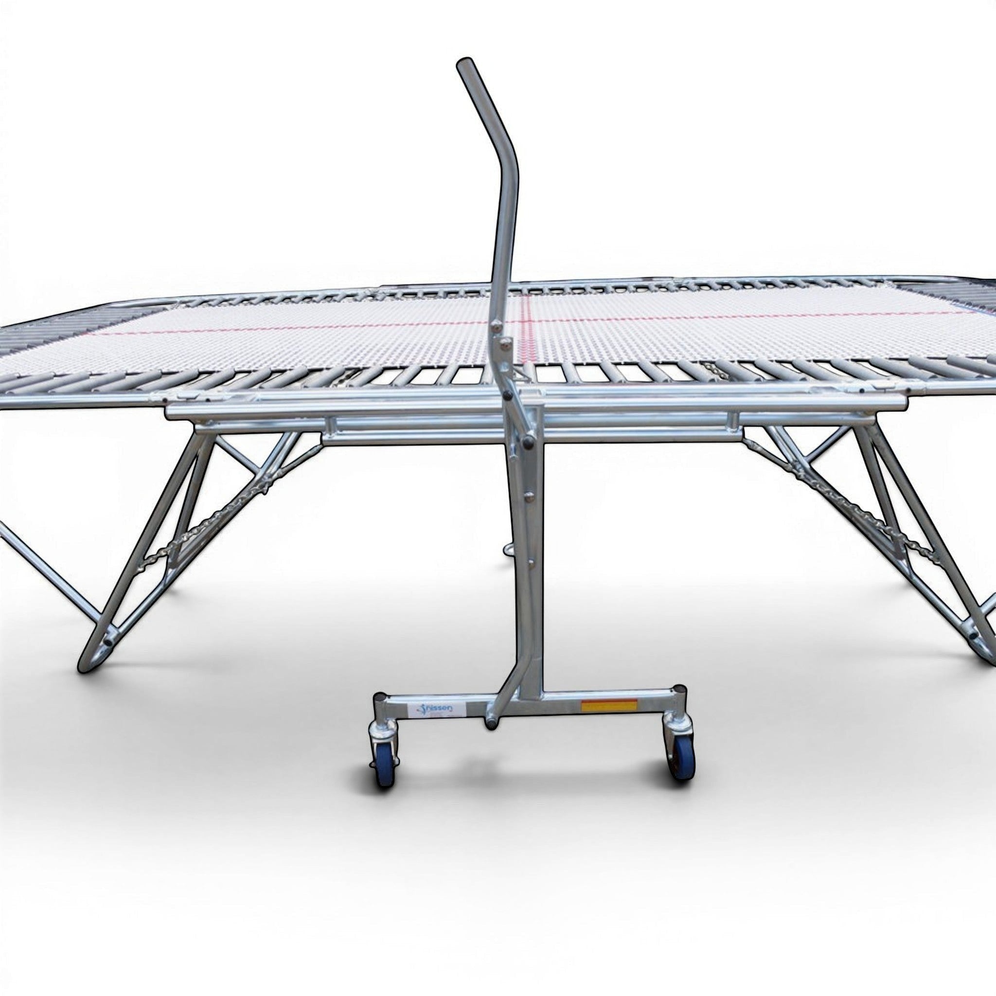 UK Gym Pits GM Extreme competition trampoline with 6mm web bed and lift lower roller stands on a white background