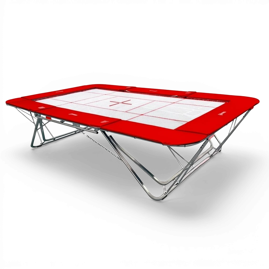 UK Gym Pits GMEX Extreme competition trampoline with a white web bed and red protective frame pads on a black background