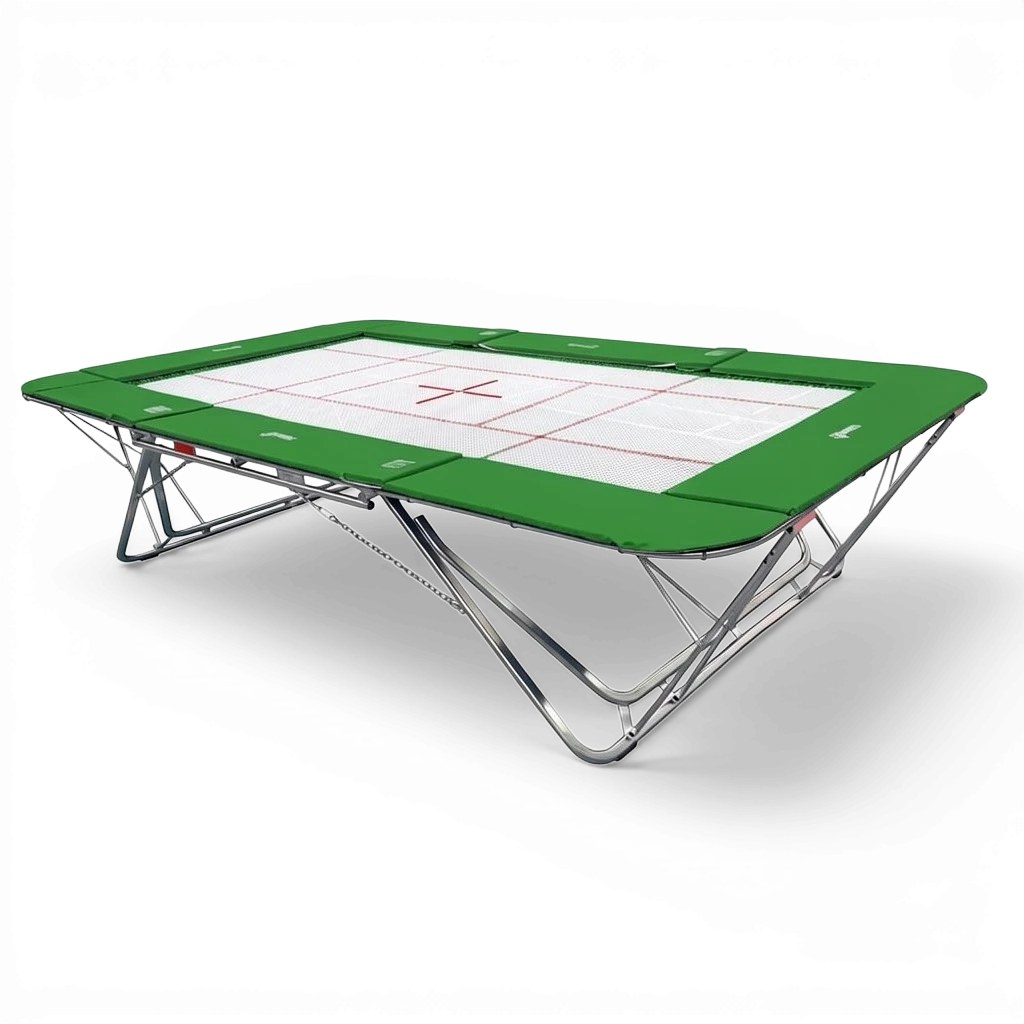 UK Gym Pits GMEX Extreme competition trampoline with a white web bed and green protective frame pads on a black background