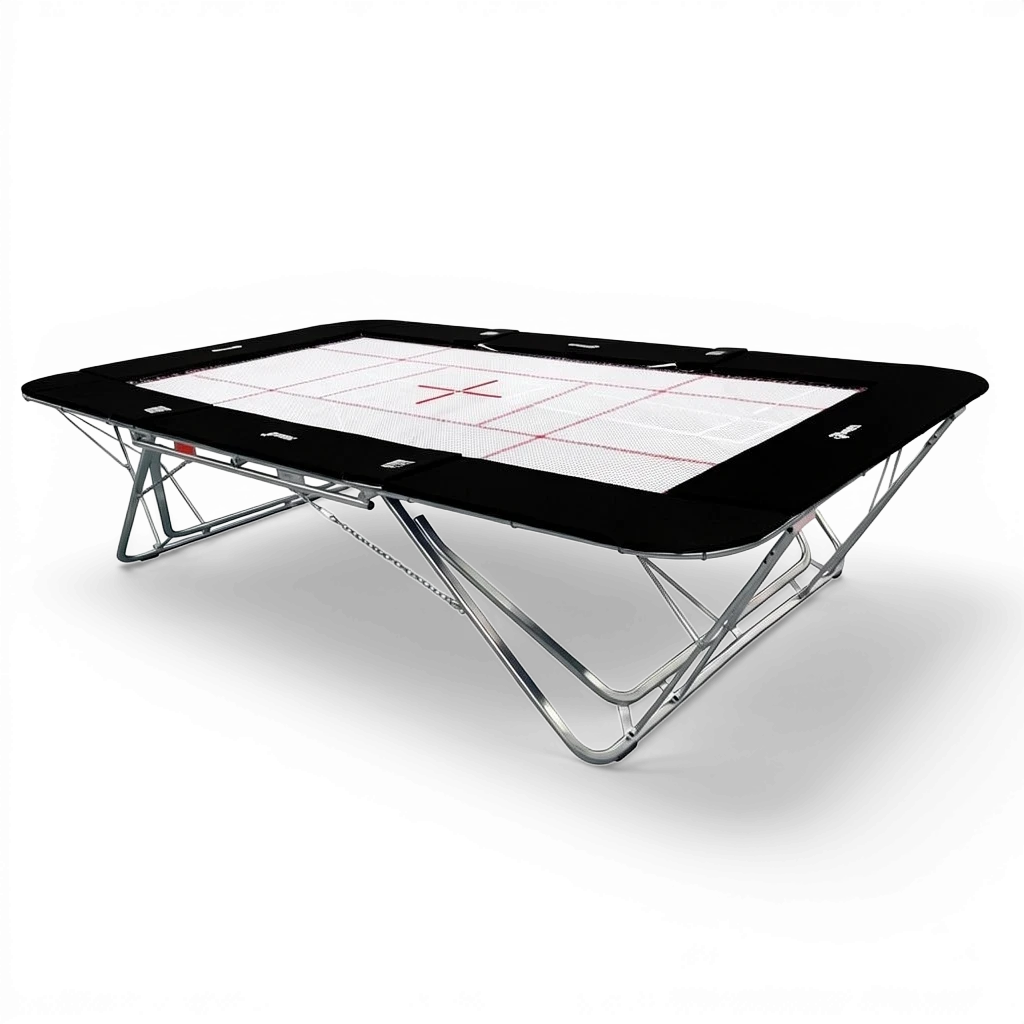 UK Gym Pits GMEX Extreme competition trampoline with white web bed, black frame pads, and steel base on black background