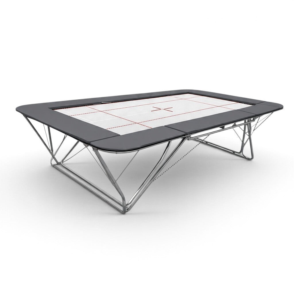 UK Gym Pits GMEX Extreme competition trampoline with white web bed, grey frame pads, and steel frame on white background