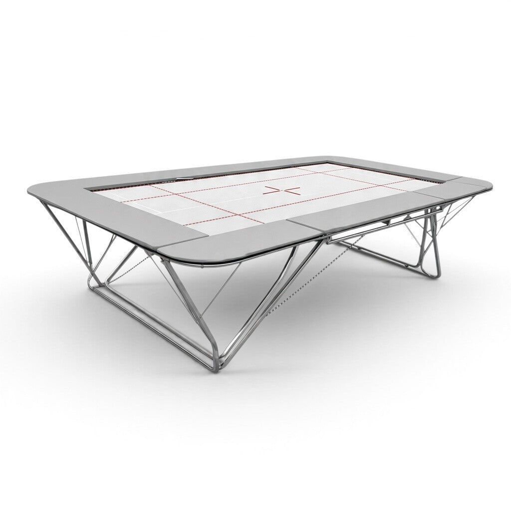 UK Gym Pits GMEX Extreme competition trampoline with white web bed and grey frame pads on a white background
