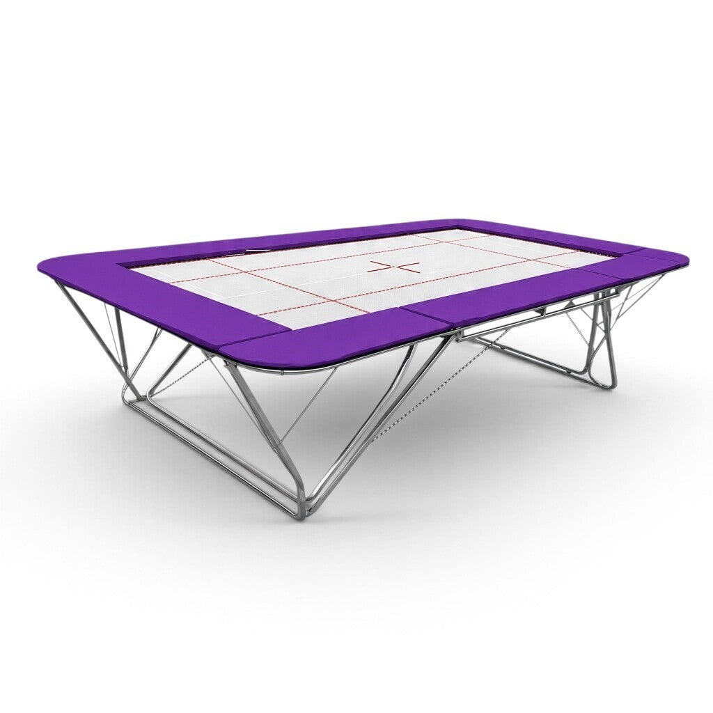 UK Gym Pits GMEX Extreme competition trampoline with a white web bed and purple protective frame pads
