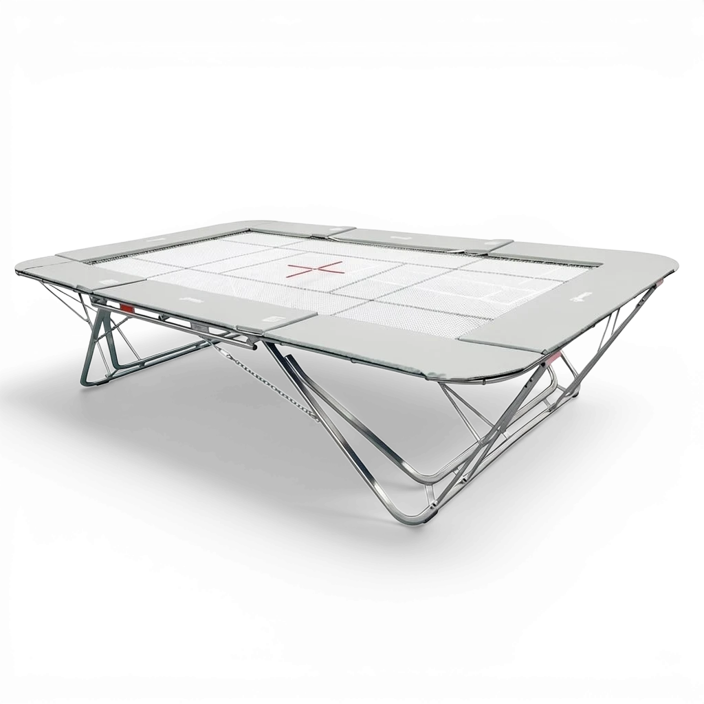 UK Gym Pits GMEX Extreme competition trampoline with a white web bed and grey protective frame pads on a black background