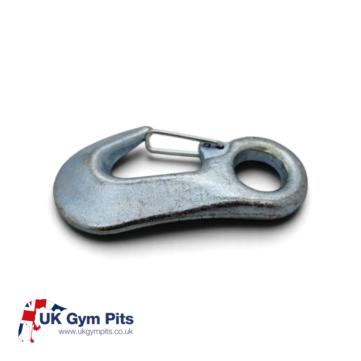 UK Gym Pits GMEX trampoline replacement metal snap hook with a spring-loaded gate for secure equipment attachment.
