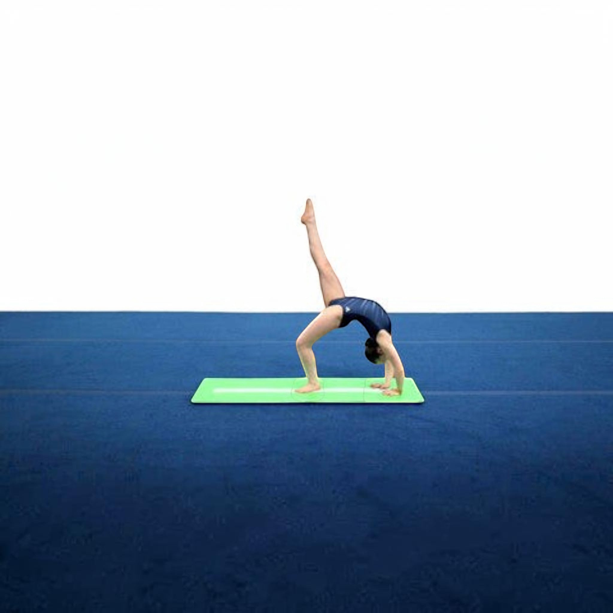 UK Gym Pits green cartwheel beam mat with white practice stripe being used by a gymnast in a backbend pose