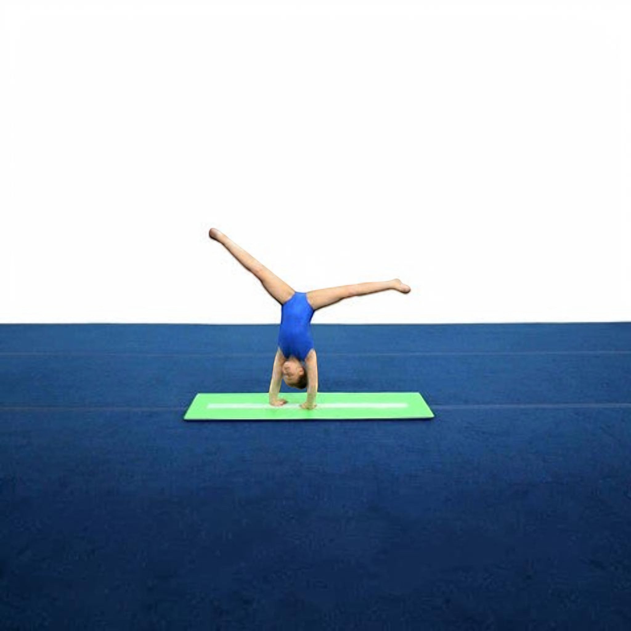 UK Gym Pits green cartwheel beam mat with white practice stripe being used by a young gymnast in a blue leotard