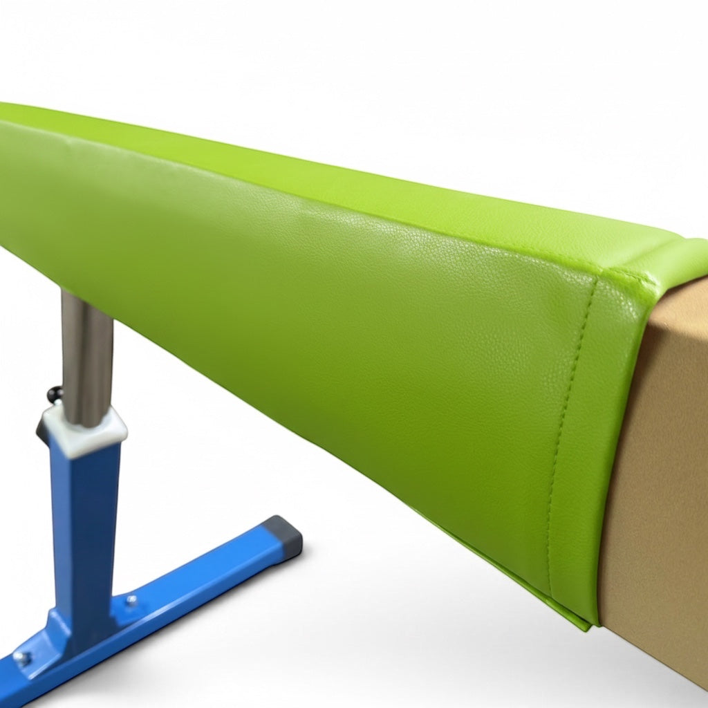 UK Gym Pits lime green cushioned gymnastics beam mat with faux leather surface and secure velcro attachment