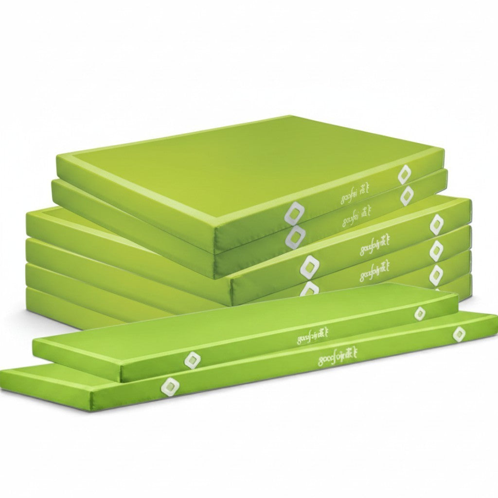 UK Gym Pits green parallel bars landing mats set with PVC vinyl covers and Velcro locking flaps for gymnastics.