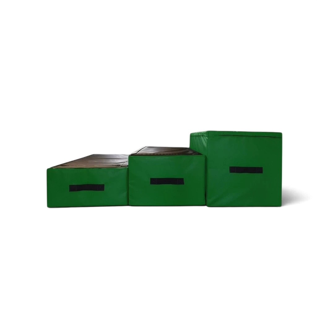 UK Gym Pits parkour jumping blocks in green and black, featuring high-density foam, carry handles, and non-slip bases.