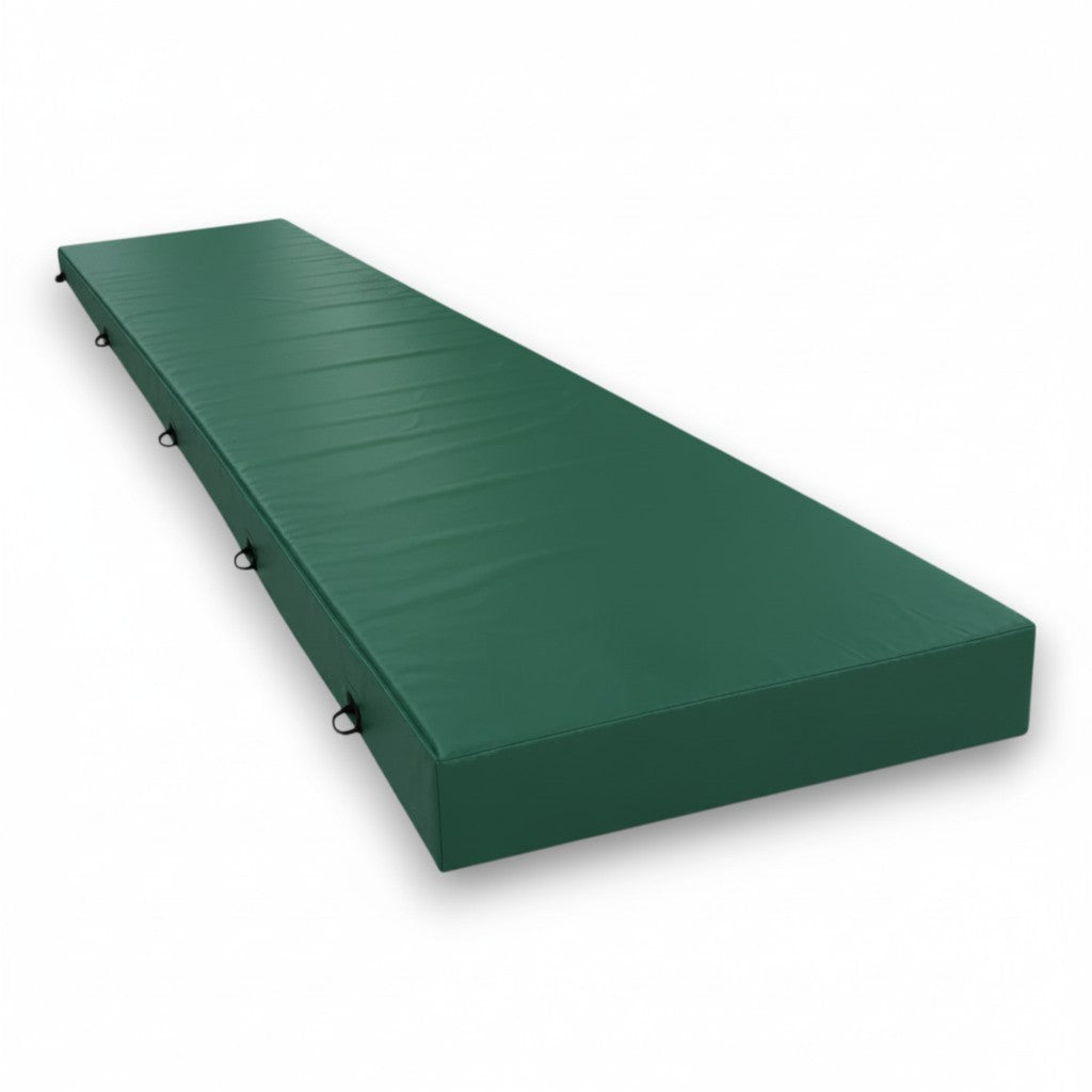 UK Gym Pits green PVC splat mat for gymnastics and martial arts with shock-absorbing foam and side carry handles