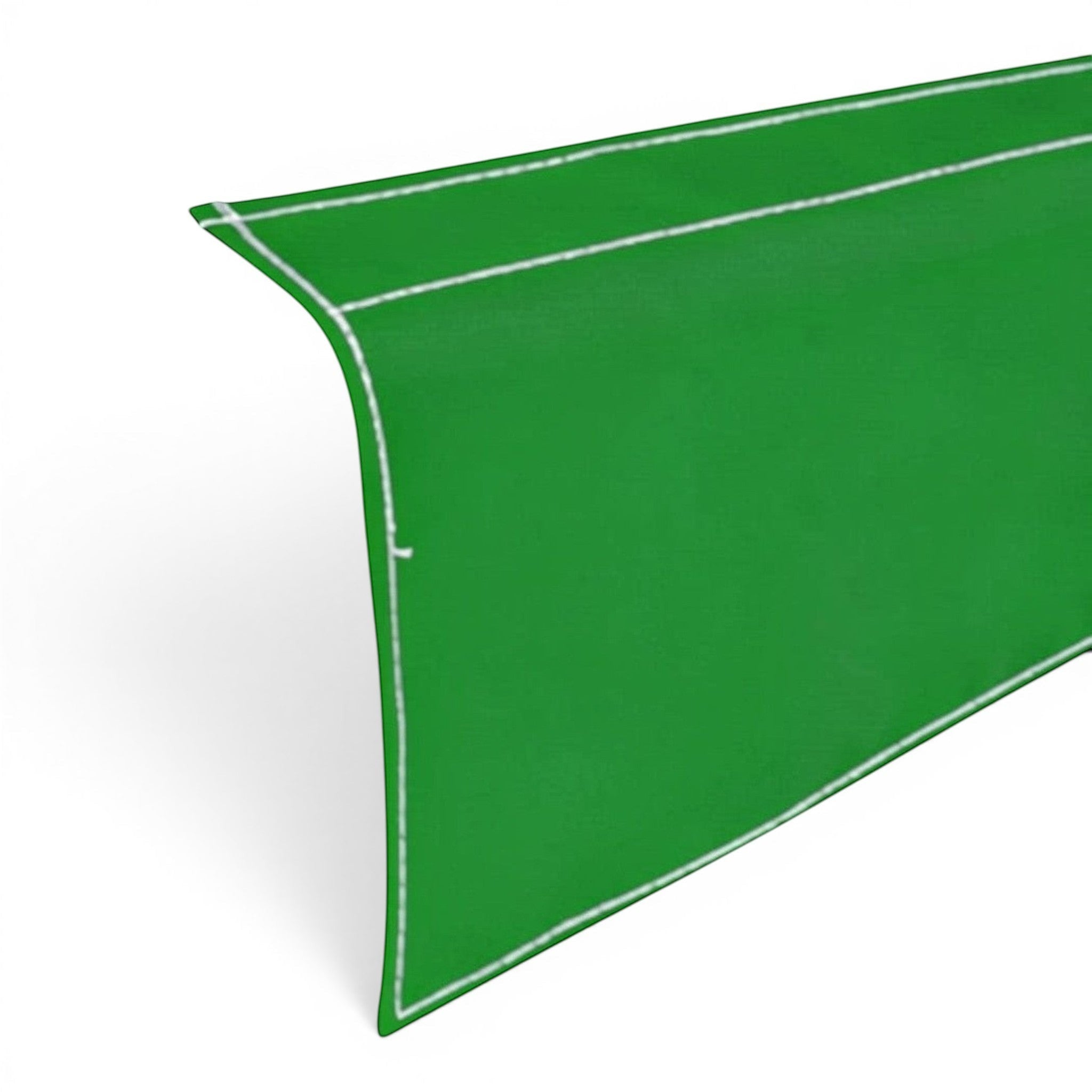 UK Gym Pits green PVC drop-down side skirt for gymnastics sprung floors with white double-stitched detailing.