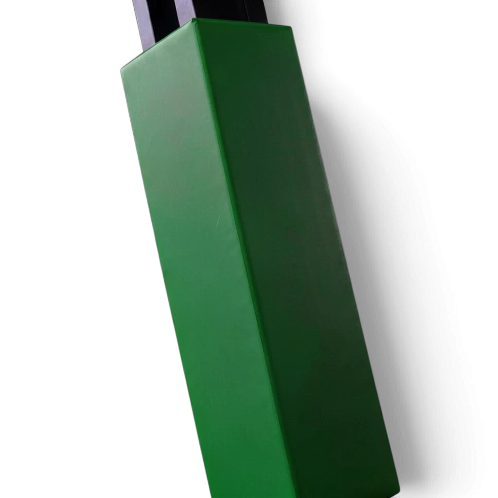 UK Gym Pits green square post protector with shock-absorbing foam and heavy-duty PVC cover for gym safety.