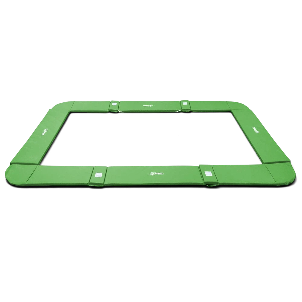 UK Gym Pits green foam and PVC coverall frame pads for a junior rectangular trampoline on a black background.